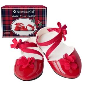 New American Girl RED FANCY SHOES 18" Doll Rose Flower Bow Flats Janie Jack BOX